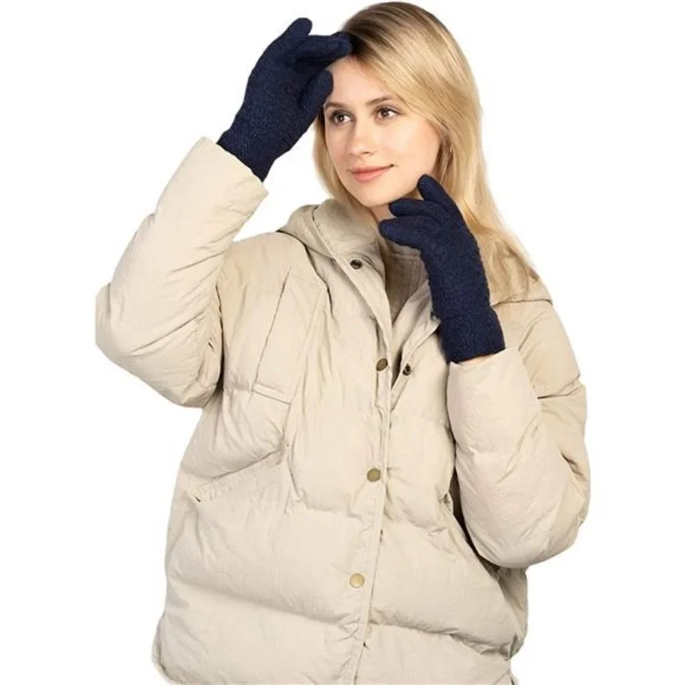 Women's Thermal Cable Knit Wool Fleece Lined Glove for Cold Weather, Navy Blue
